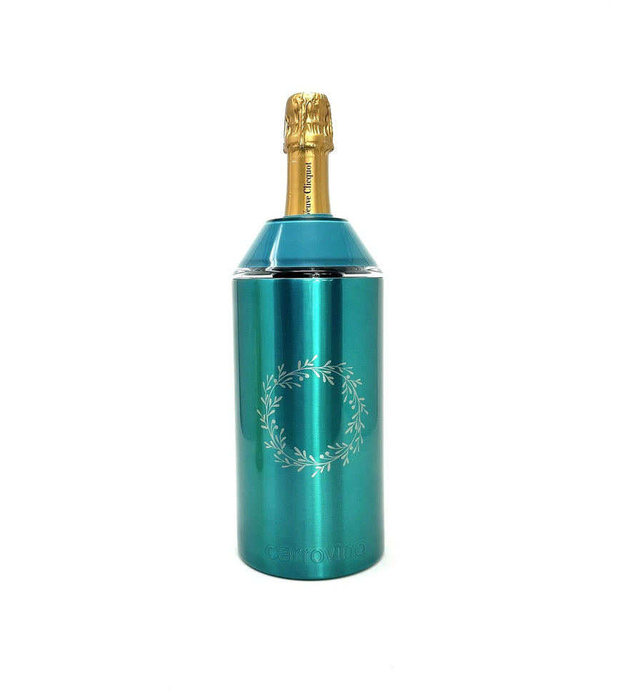 Holiday Wine & Champagne Chiller in turquoise stainless steel keeps bottles cold and is lightweight for outdoor use